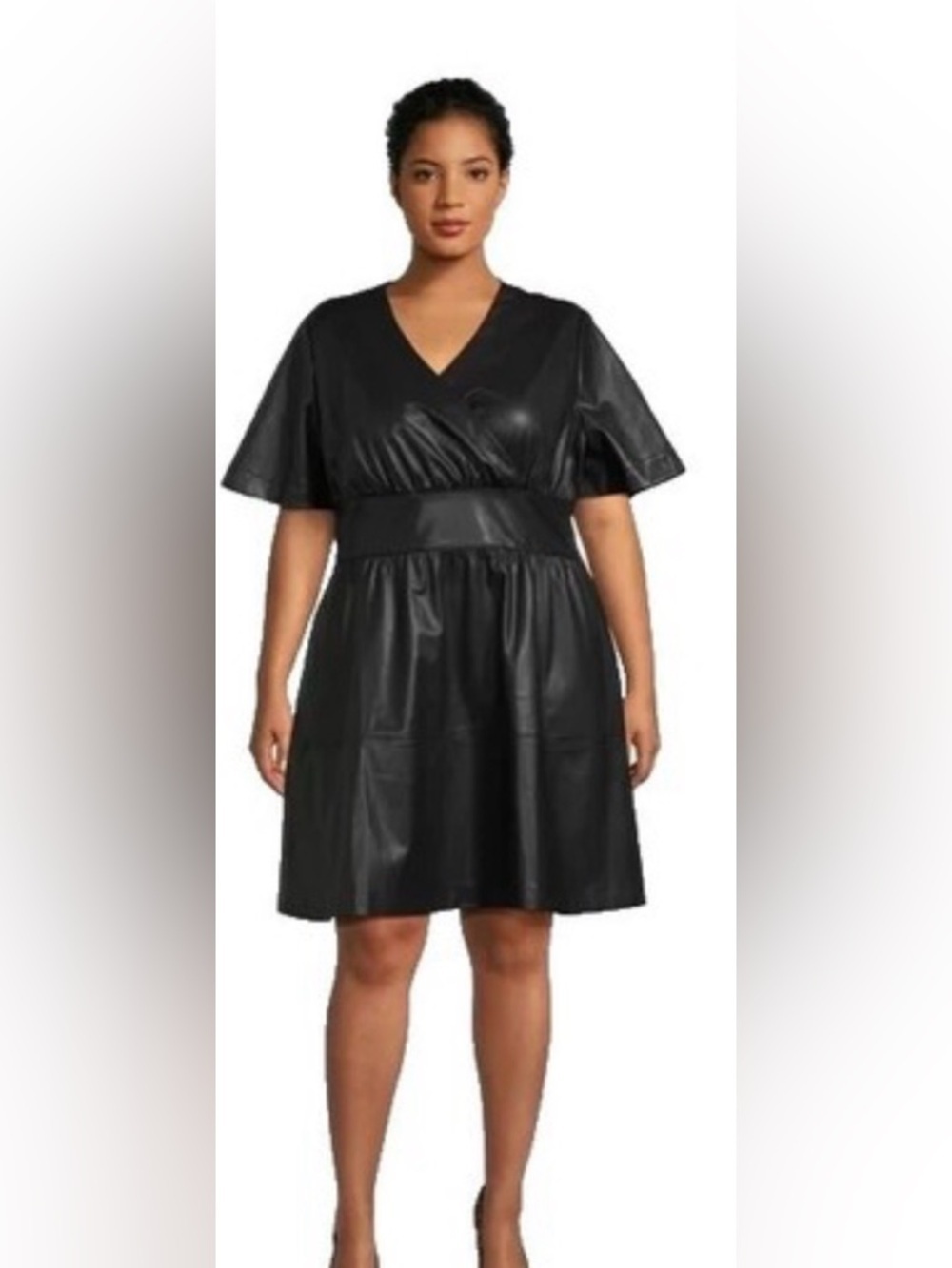 Terra & Sky Black Faux Leather V-Neck Midi Dress